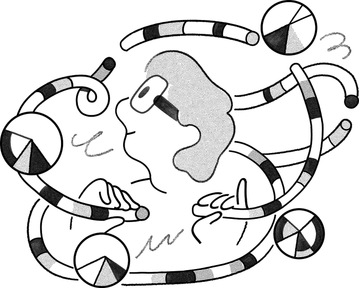 Illustrazione di una persona che intreccia con le mani fili e grafici, dando forma al proprio percorso di crescita.